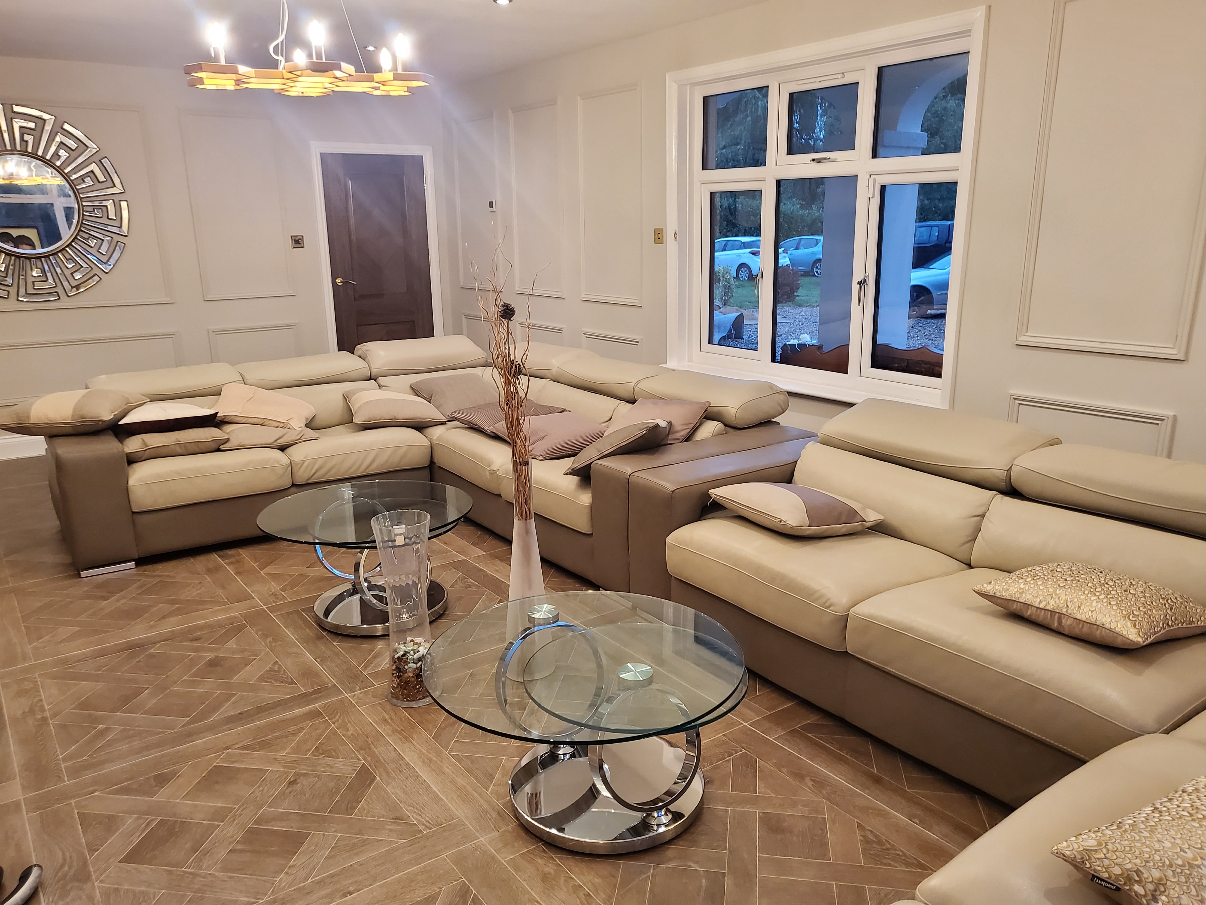 Luxury living room herringbone floor Ascot
